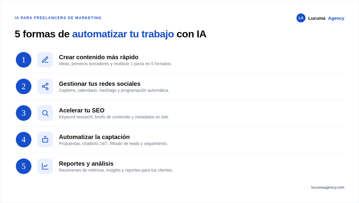 Las 5 formas de usar la IA para automatizar tu trabajo como freelancer de marketing: crear contenido, gestionar redes sociales, acelerar el SEO, automatizar la captación y reportes y análisis