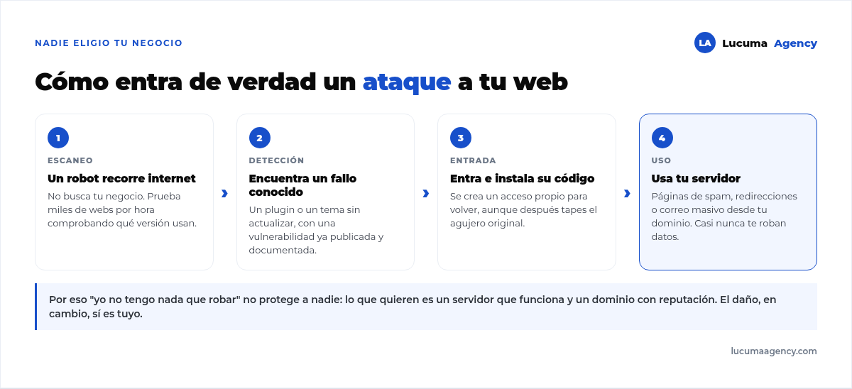 Las cuatro fases de un ataque automatizado a una web WordPress: el robot escanea internet, detecta una versión vulnerable, entra e instala su código, y después usa la web para spam o redirecciones