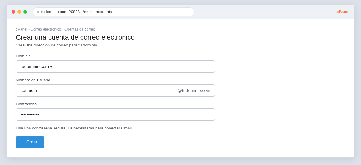 Pantalla de cPanel para crear una cuenta de correo electrónico, con los campos de dominio, nombre de usuario, contraseña y el botón Crear