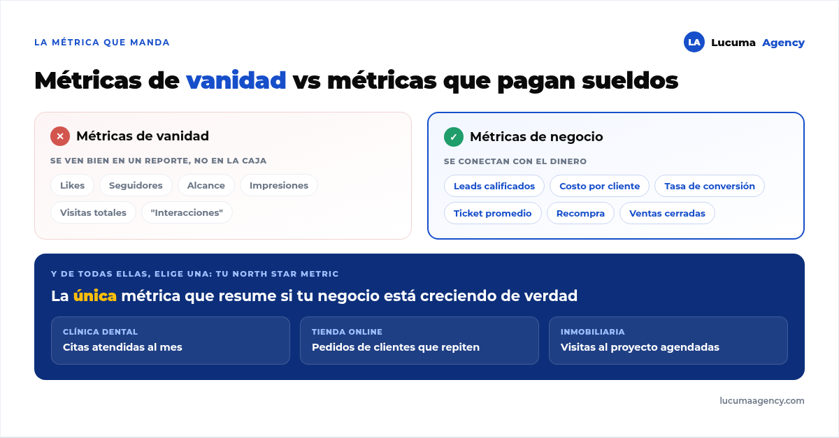 Métricas de vanidad como likes y alcance frente a métricas de negocio como leads calificados y costo por cliente, y ejemplos de North Star Metric por tipo de negocio