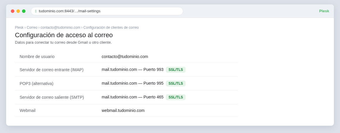 Configuración de acceso al correo en Plesk: servidor entrante IMAP y POP3 y servidor saliente SMTP con sus puertos y SSL/TLS