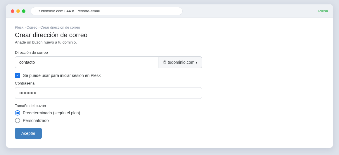 Pantalla de Plesk para crear una dirección de correo, con el campo de dirección, la contraseña y el tamaño del buzón