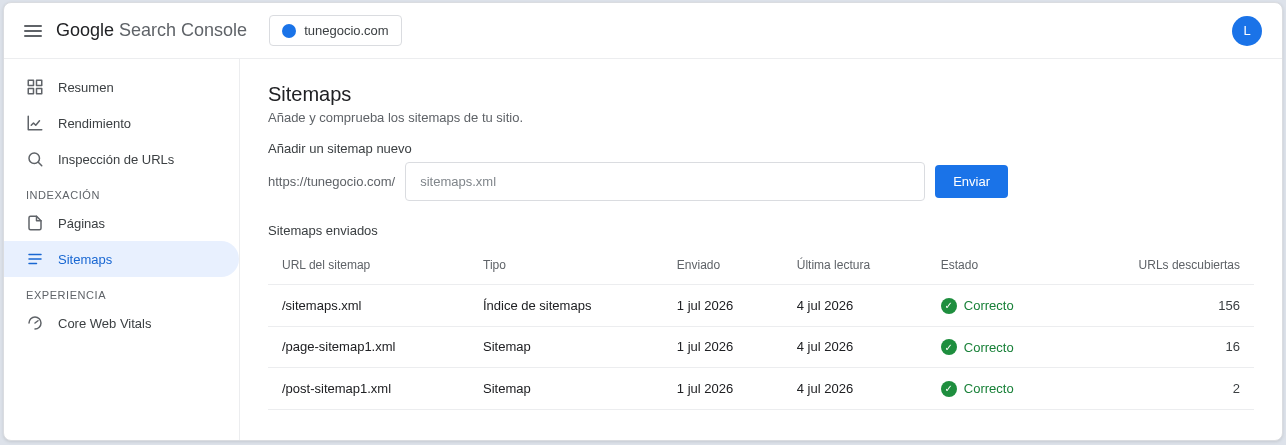 Sección de Sitemaps en Google Search Console con el sitemap enviado, su estado Correcto y el número de URLs descubiertas por Google