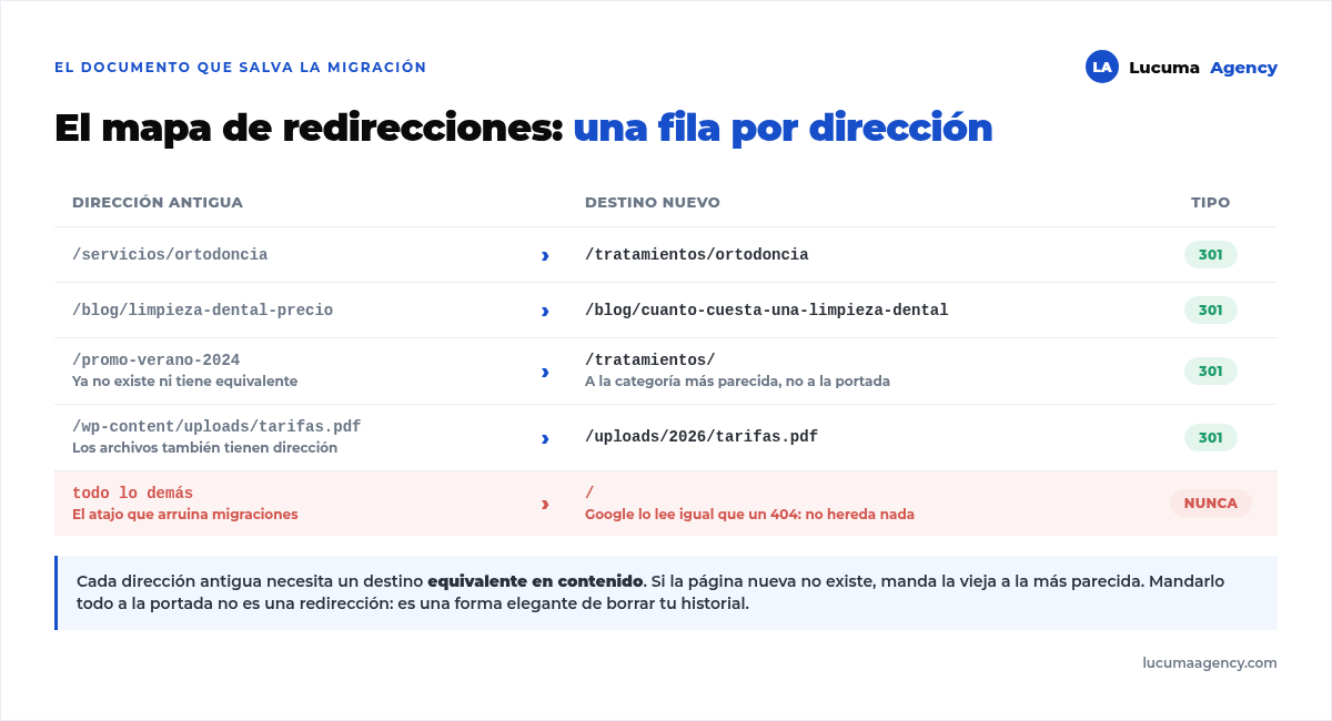 Ejemplo de mapa de redirecciones con la dirección antigua y su destino nuevo fila por fila, incluyendo el caso correcto de una página sin equivalente y el error de mandarlo todo a la portada