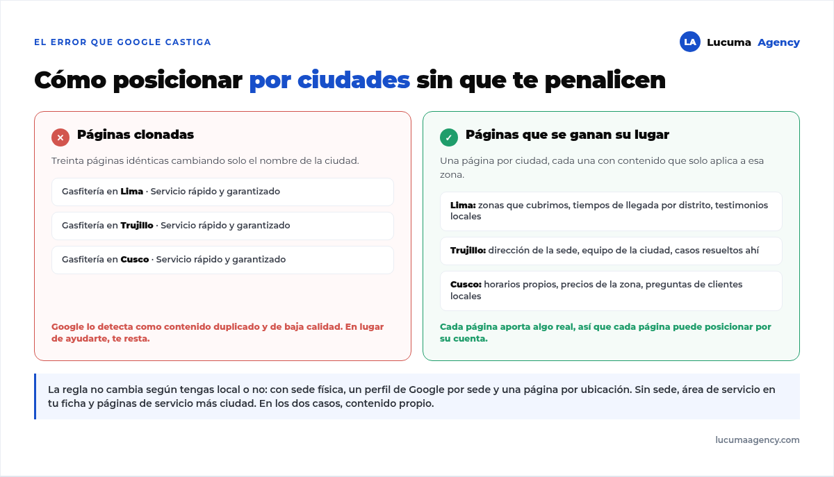 Páginas de ciudad clonadas frente a páginas con contenido propio: el ejemplo clonado repite el mismo texto cambiando la ciudad y el correcto aporta zonas, sedes y precios reales de cada una