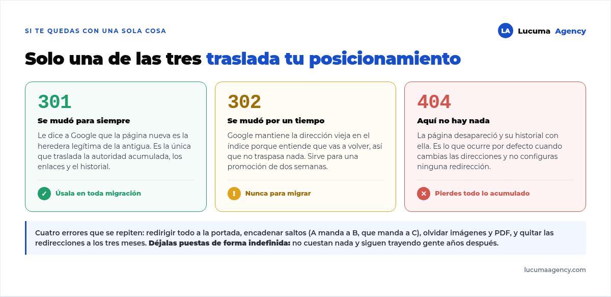 Comparativa entre redirección 301 permanente, redirección 302 temporal y error 404: solo la 301 transfiere la autoridad de la página antigua a la nueva