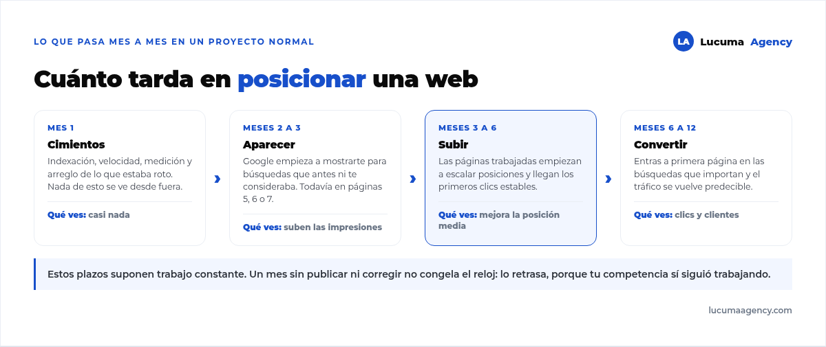 Línea de tiempo del SEO en cuatro etapas: mes 1 cimientos, meses 2 a 3 aparecer con más impresiones, meses 3 a 6 subir de posición y meses 6 a 12 convertir en clics y clientes