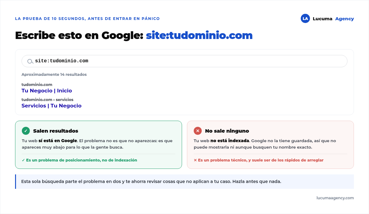 La búsqueda site:tudominio.com en Google y sus dos resultados posibles: si salen resultados la web está indexada y el problema es de posicionamiento, si no sale ninguno la web no está indexada y el problema es técnico