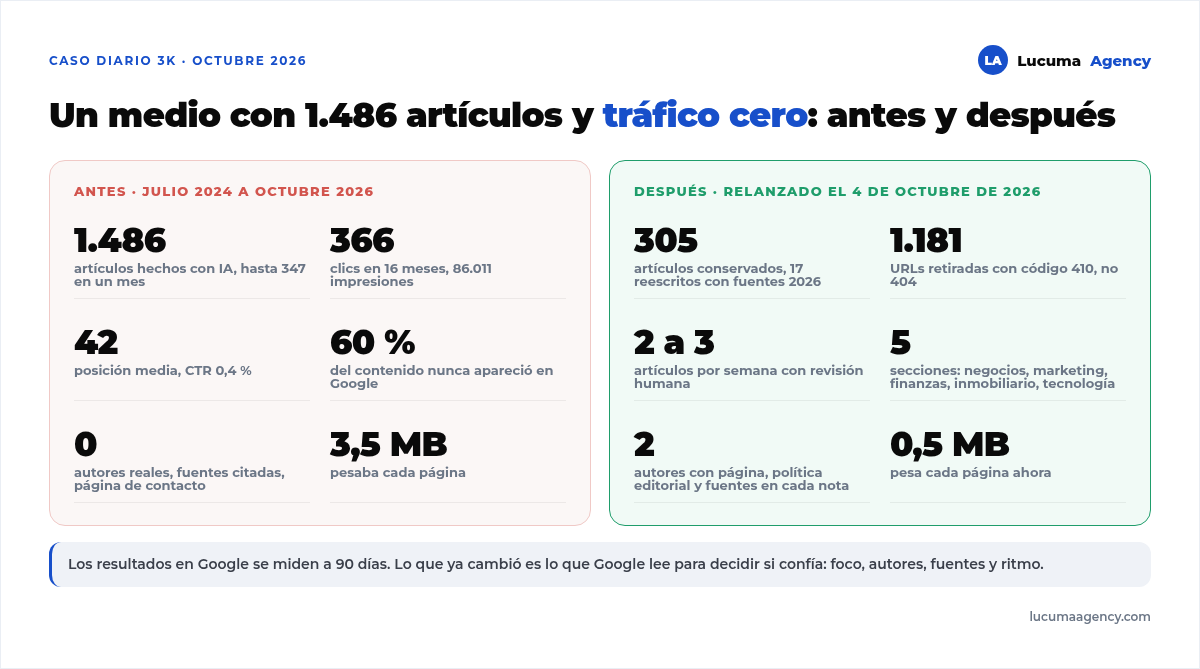Diario 3K antes y después del relanzamiento: 1.486 artículos, 366 clics en 16 meses y posición 42 frente a 305 artículos conservados, 1.181 URLs retiradas con 410 y páginas de 0,5 MB en vez de 3,5 MB