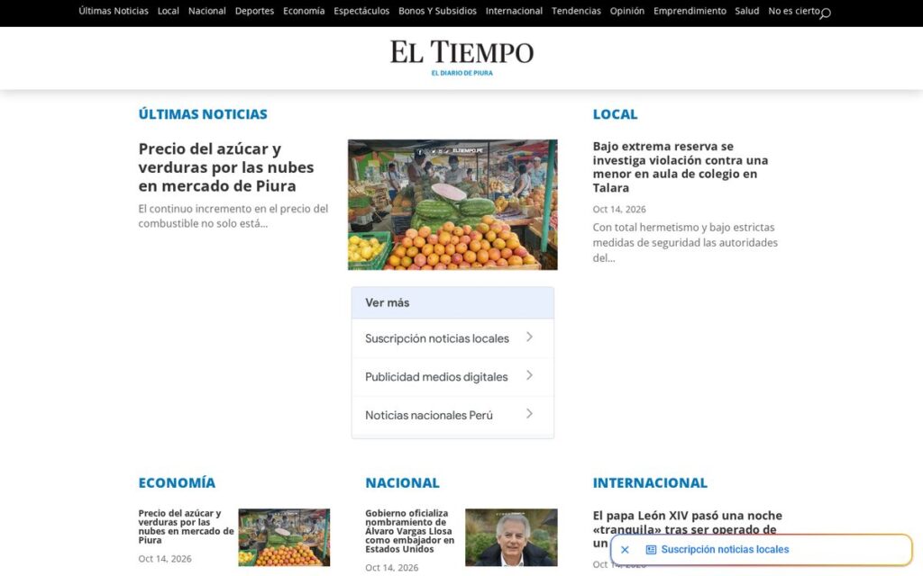 Captura de la web de Diario El Tiempo hecha por Lucuma Agency