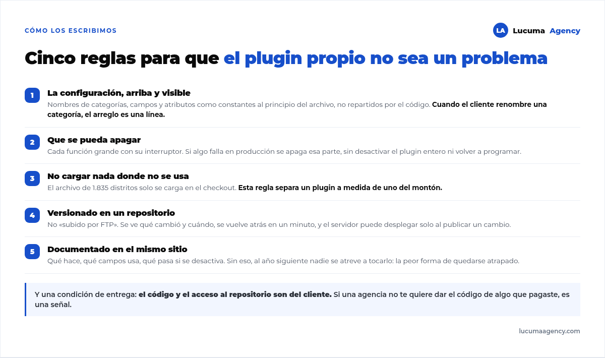 Cinco reglas para escribir un plugin a medida: configuración arriba del archivo, apagable sin romper el sitio, no cargar nada fuera de donde se usa, versionado en un repositorio y documentado