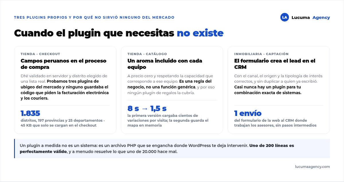Tres casos de plugin a medida: campos de Perú en el checkout con 1.835 distritos, aroma incluido en una tienda de difusores, y conexión de un formulario con el CRM de una inmobiliaria