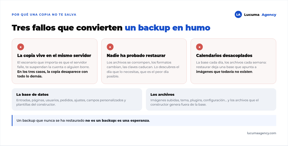 Tres fallos frecuentes en copias de seguridad: la copia vive en el mismo servidor que la web, nunca se ha probado una restauración, y la base de datos y los archivos se copian en calendarios distintos